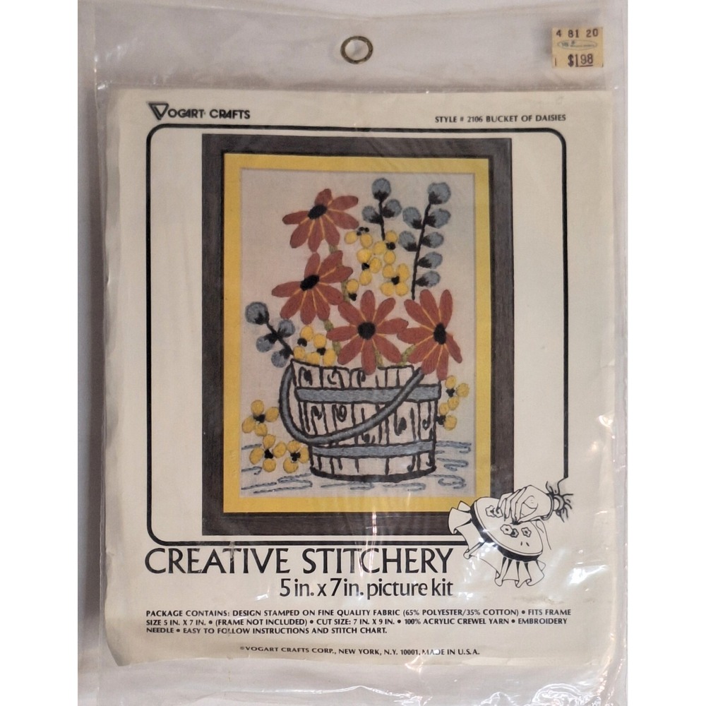 Vogart Crafts Crewel Creative Stitchery #2106 Bucket Of Daisies Daisys
